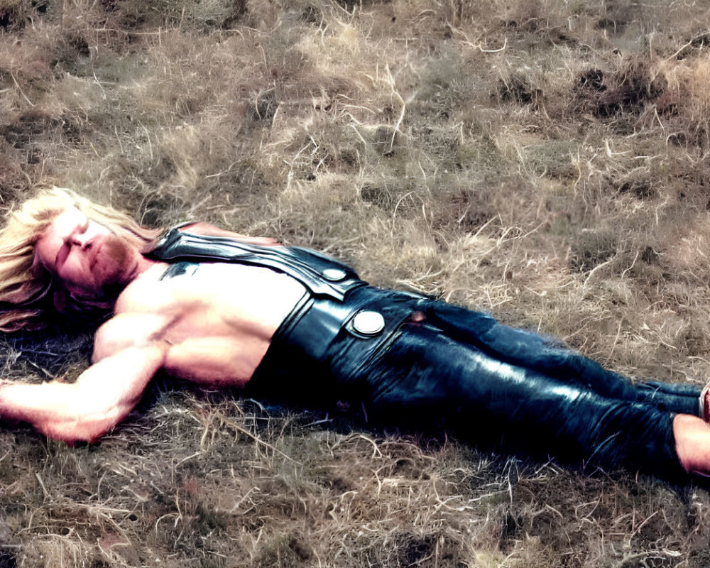 Blonde man in black leather vest lying in dry grass