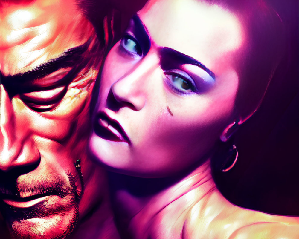 Intense digital artwork of man and woman's faces in warm tones