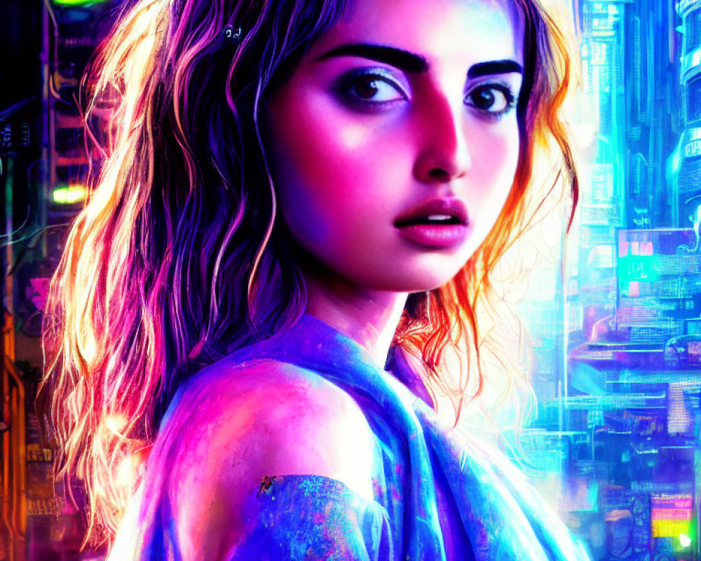 Vibrant portrait of young woman in futuristic cityscape