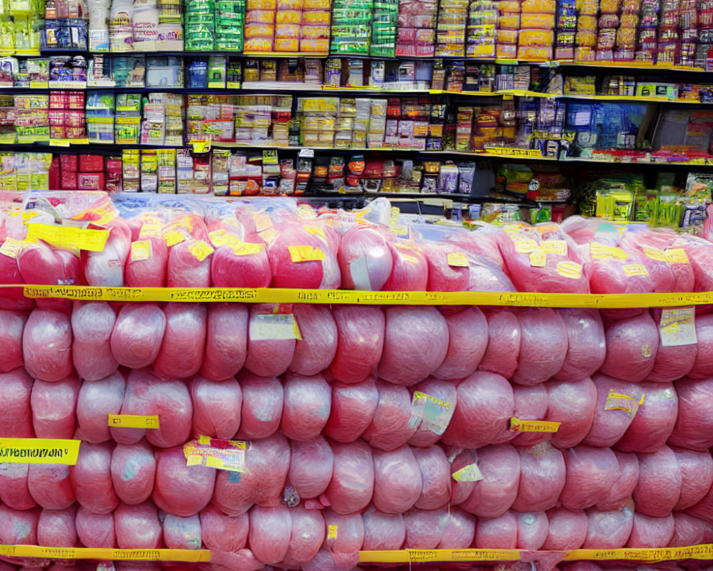 Neatly Stacked Pink Toilet Paper and Toiletries in Supermarket Aisle