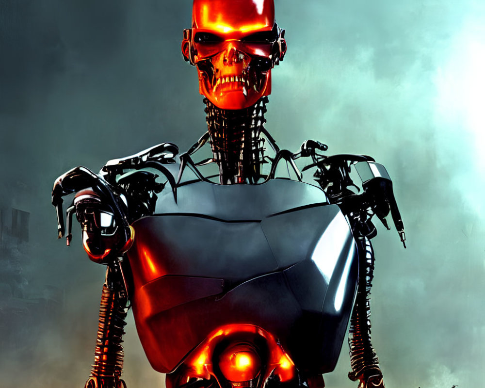 Metallic robot with glowing red eye against cloudy sky.