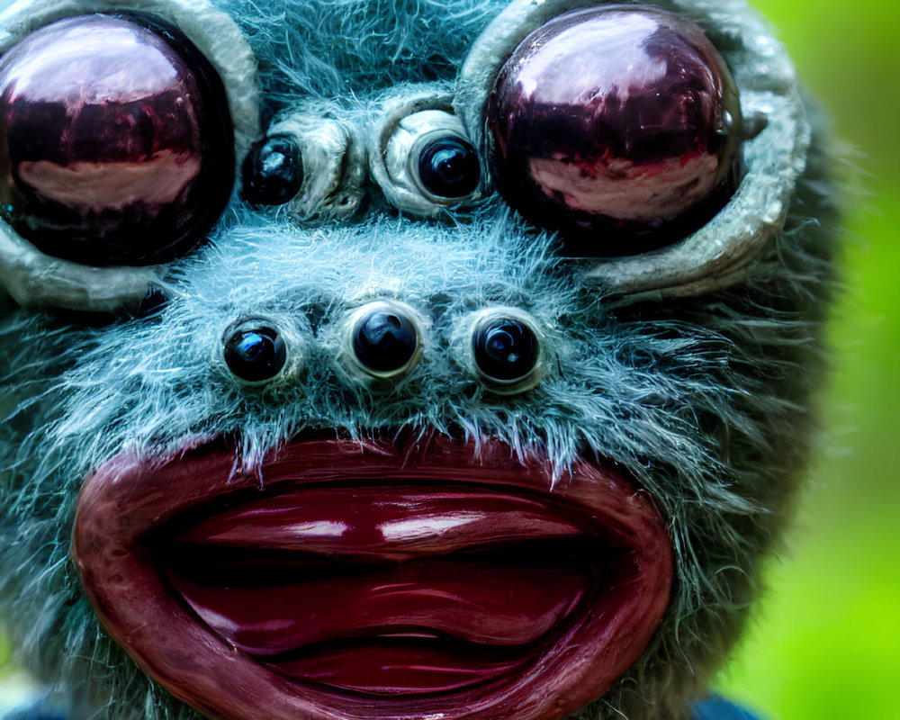 Colorful fuzzy toy with large glossy eyes and open mouth on green background