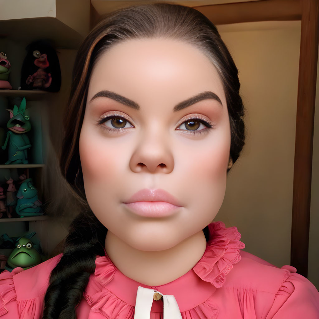 Woman with Prominent Eyelashes and Pink Eyeshadow in Ruffled Blouse