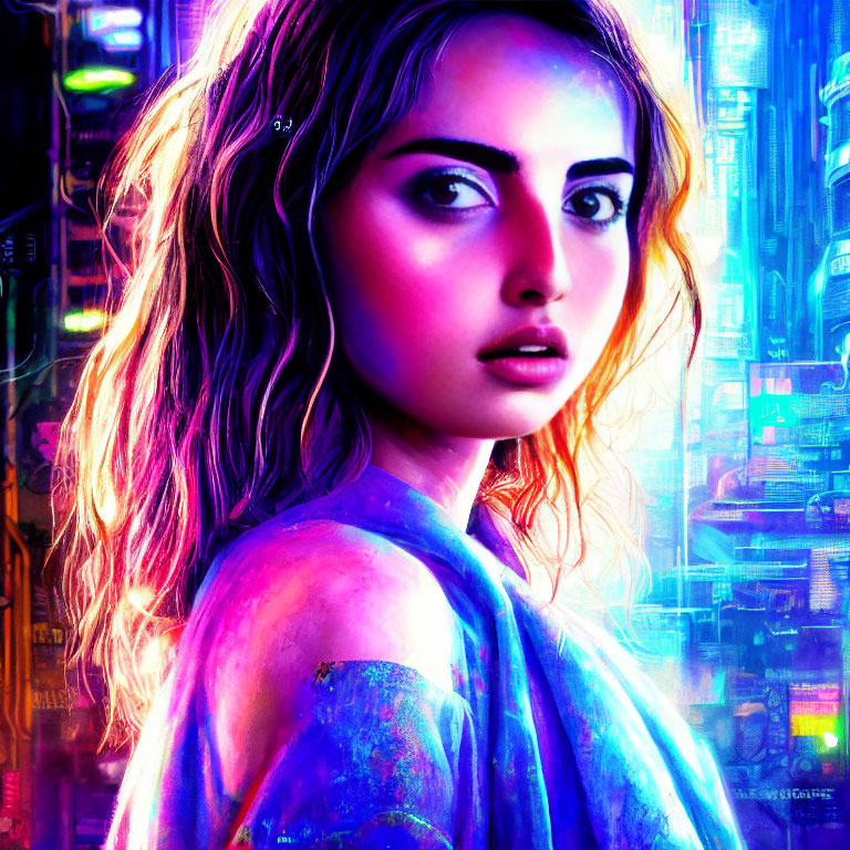 Vibrant portrait of young woman in futuristic cityscape