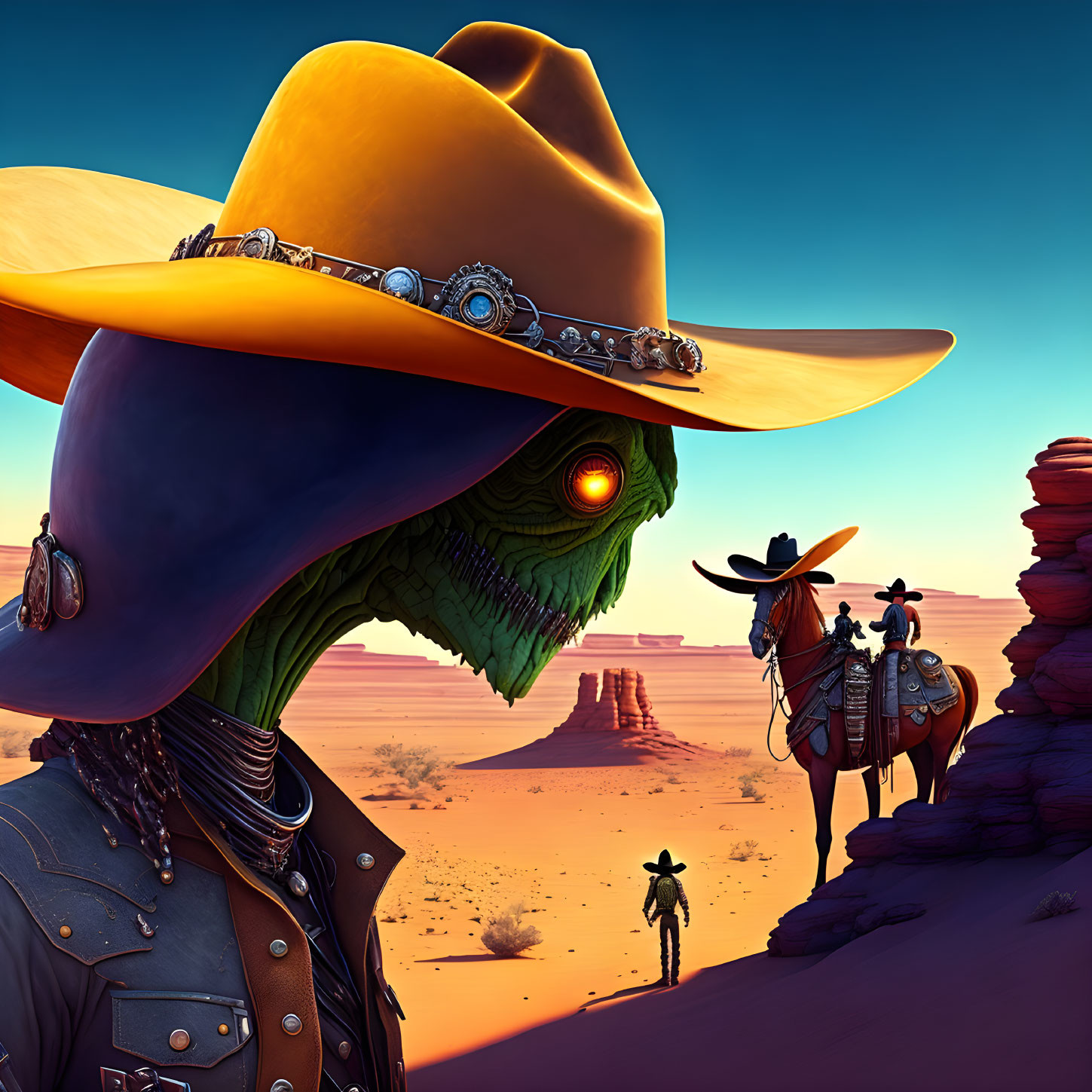 Alien in cowboy hat with human cowboys in desert landscape