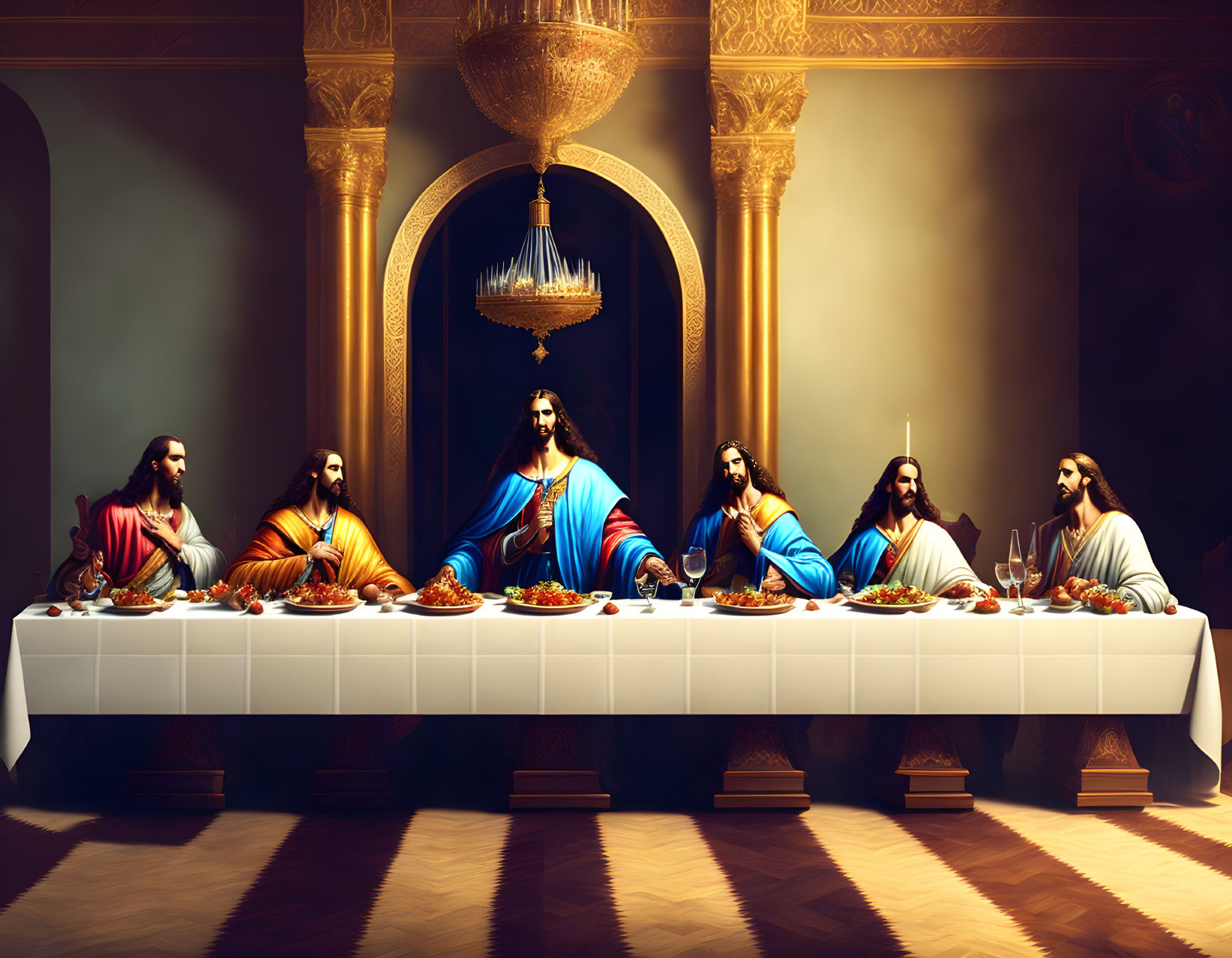 Colorful Modern Last Supper with Figures and Chandelier