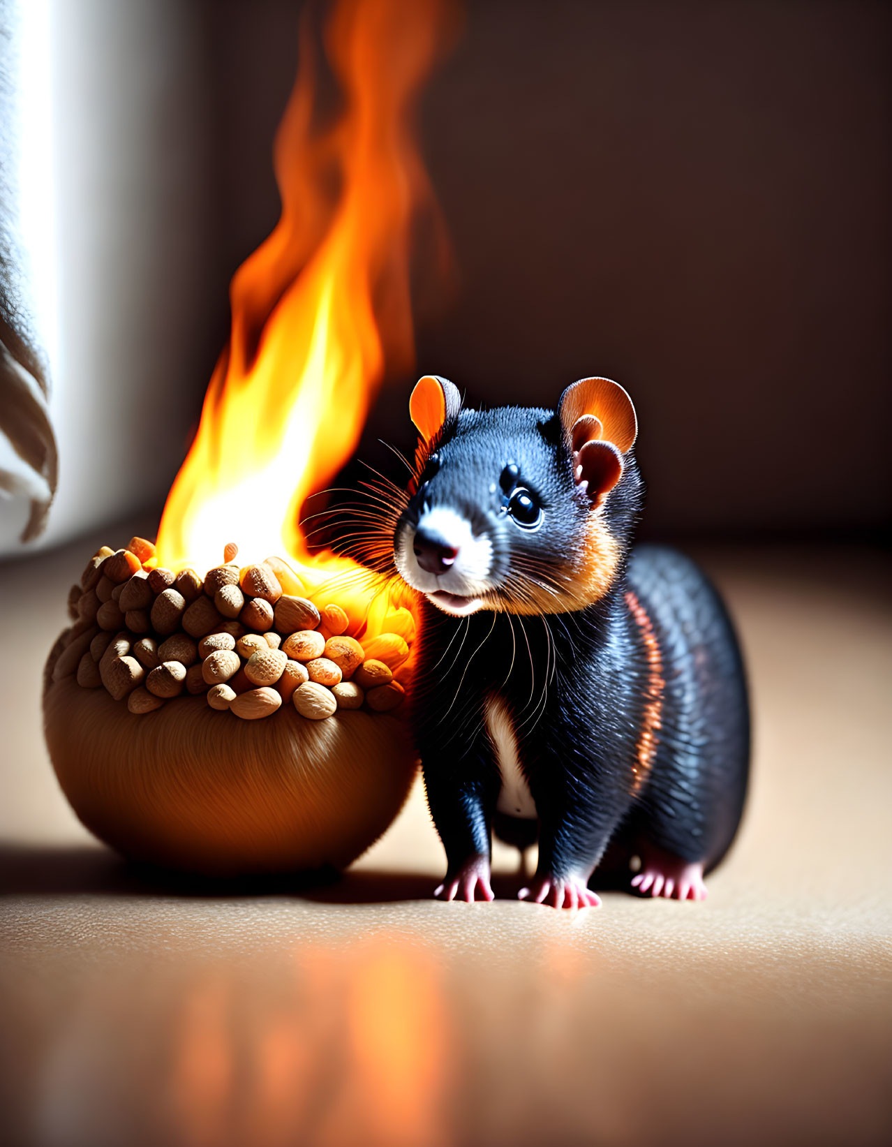 Small black and orange creature with fiery tail beside golden bowl of acorns