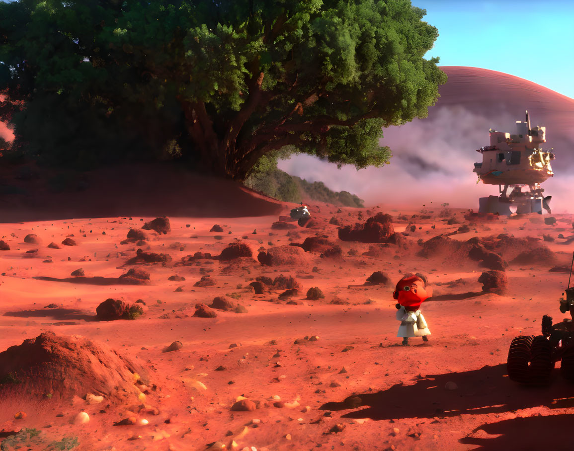 Red-Haired Animated Character in Spacesuit on Rocky Red Terrain with Tree and Rover