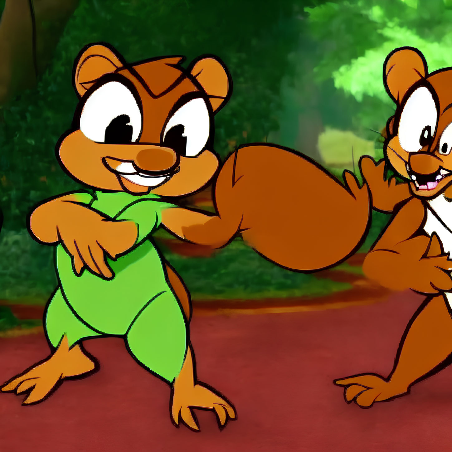 Cheerful cartoon chipmunks in green outfit posing in forest