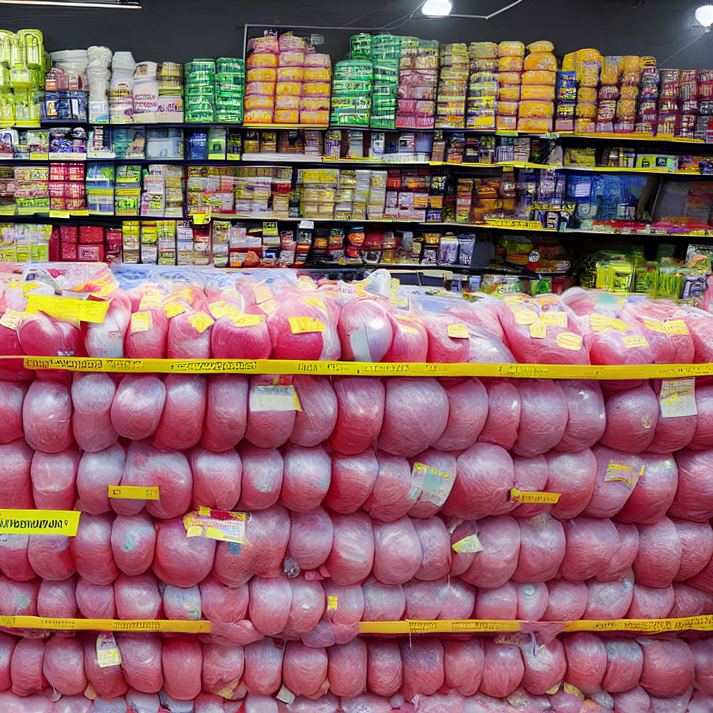 Neatly Stacked Pink Toilet Paper and Toiletries in Supermarket Aisle