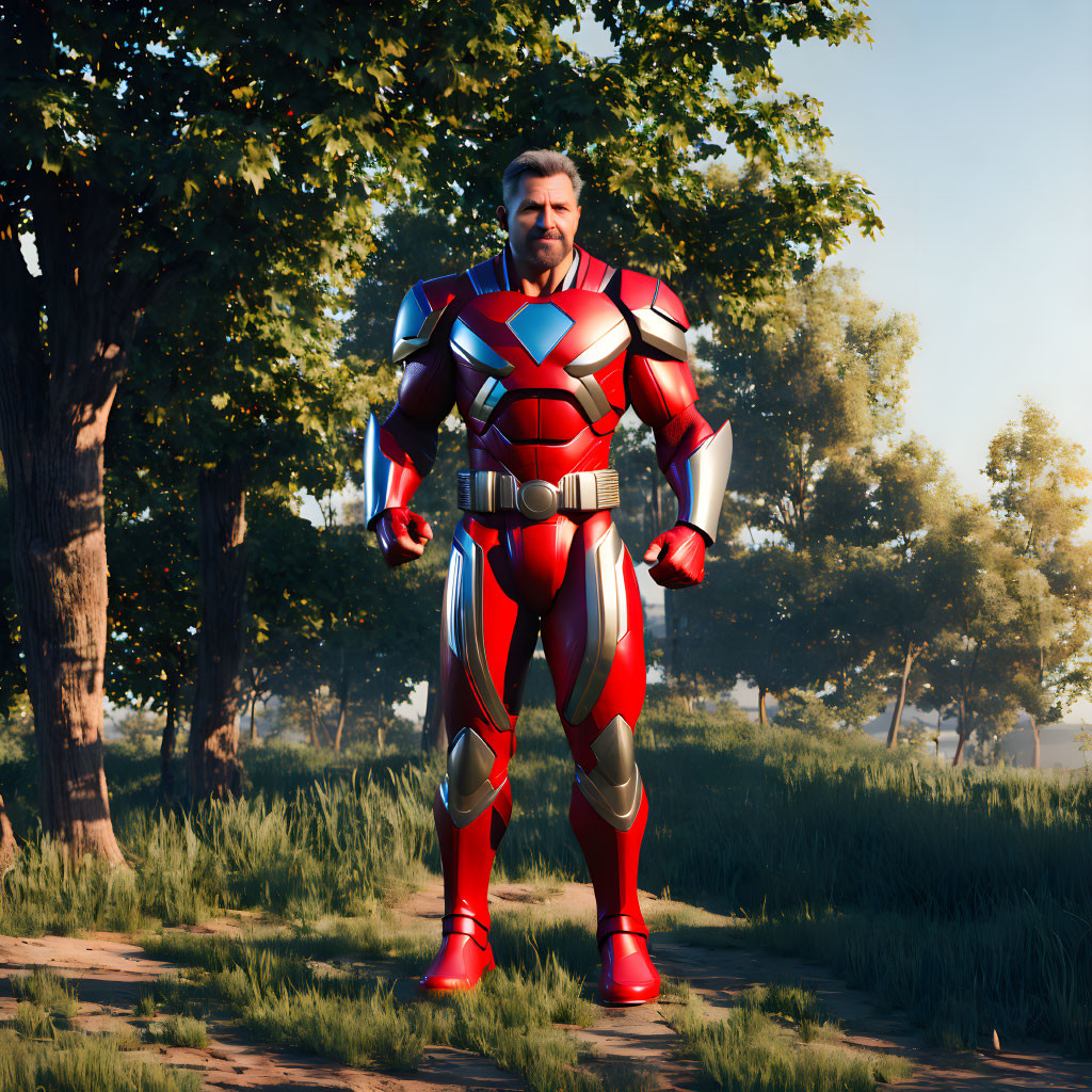 Person in Red and Silver Superhero Armor Suit in Sunlit Forest