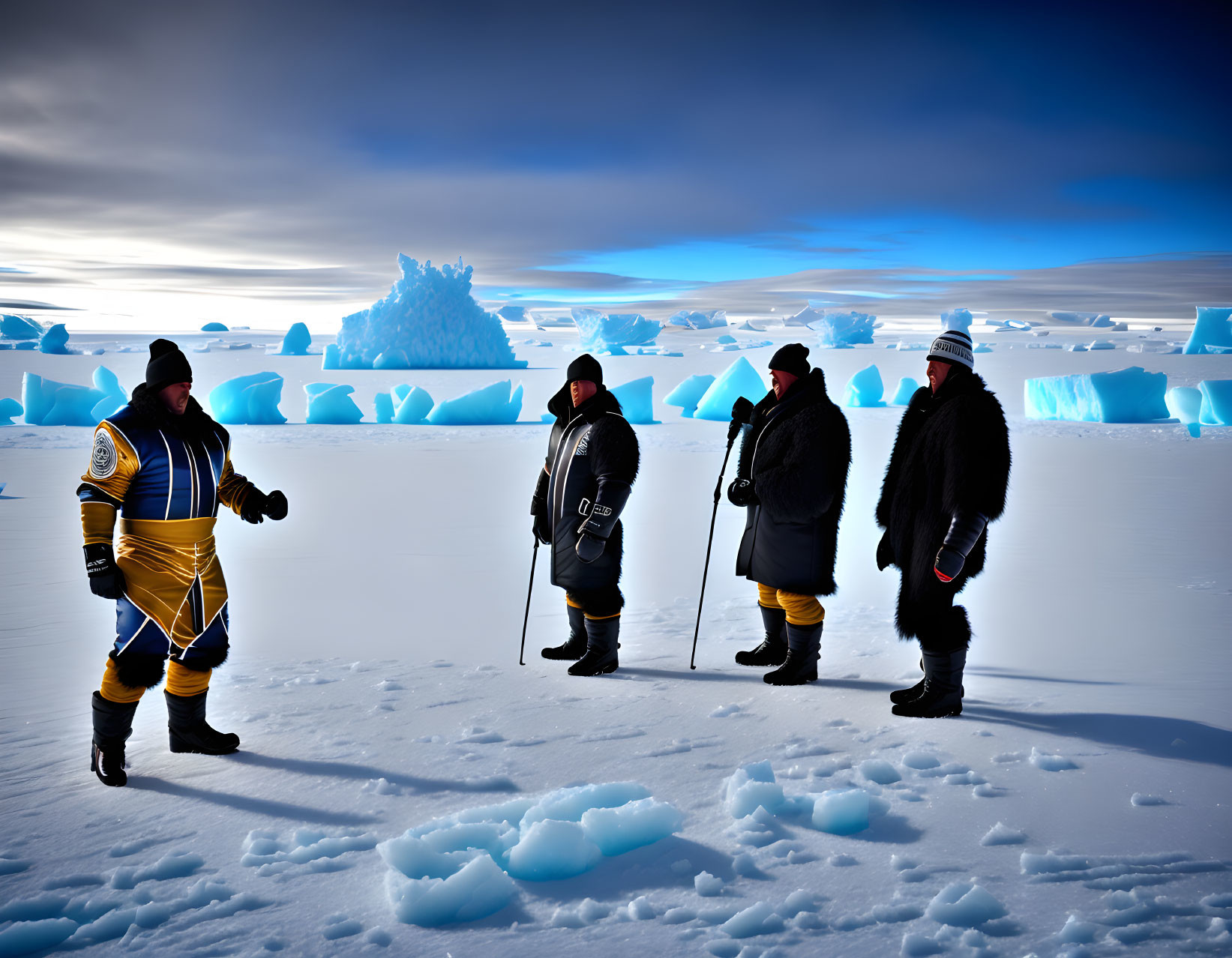 Four People in Cold-Weather Gear on Icy Terrain