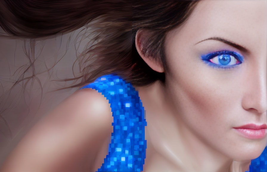 Close-up of woman with blue eye makeup, sequined dress, and flowing brown hair