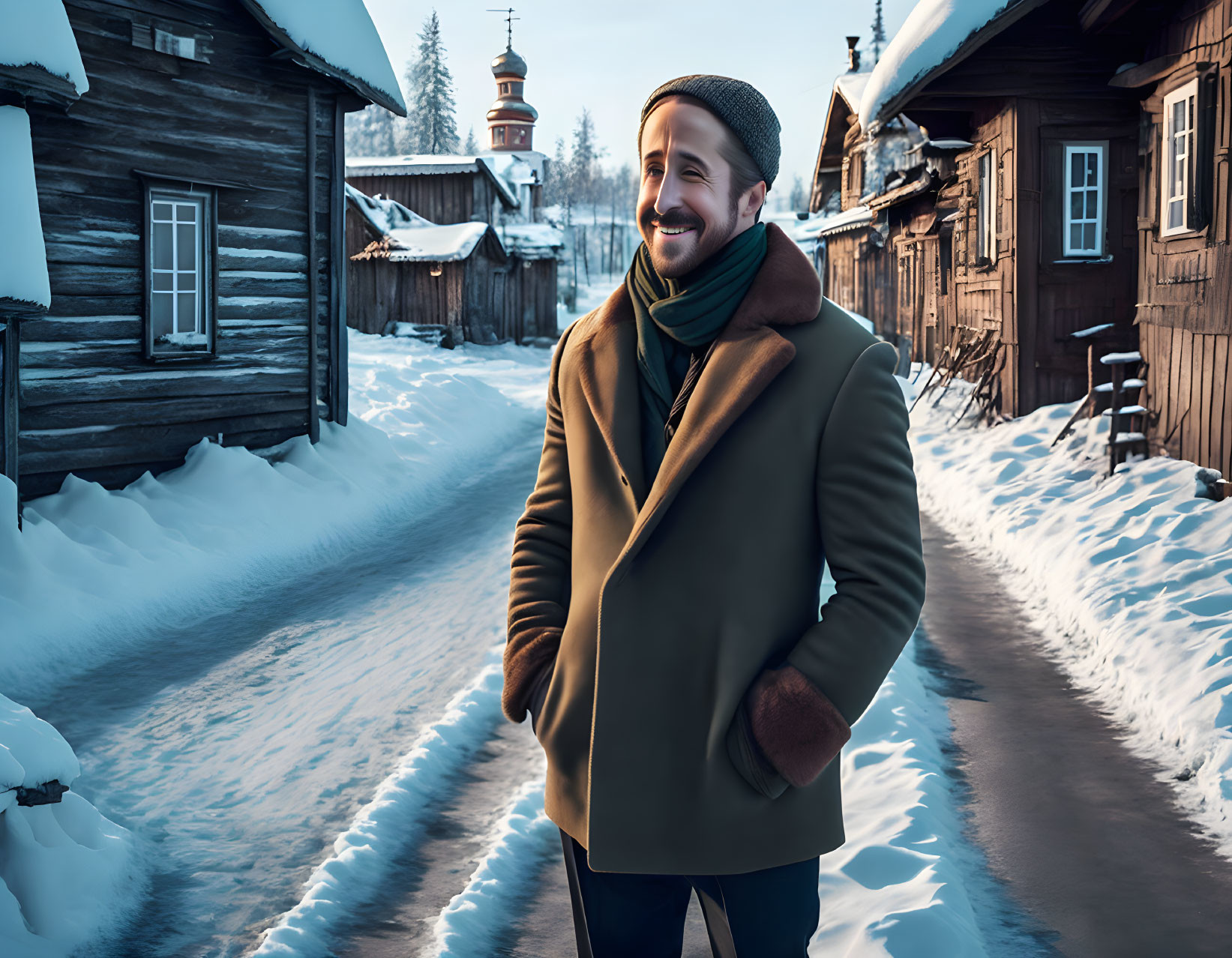 Smiling man in winter coat and beanie in snowy village with church steeple