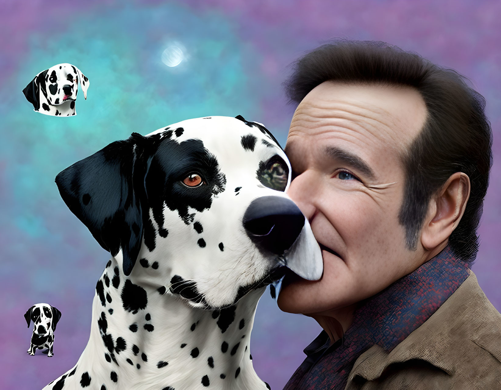 Smiling man and Dalmatian on purple background with illustrations