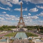 Desolate dystopian Eiffel Tower scene with abandoned cars and cloudy sky