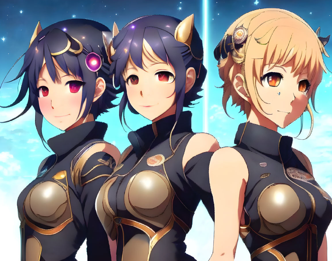 Three female characters in futuristic armor under a starry sky with blonde and dark hair.