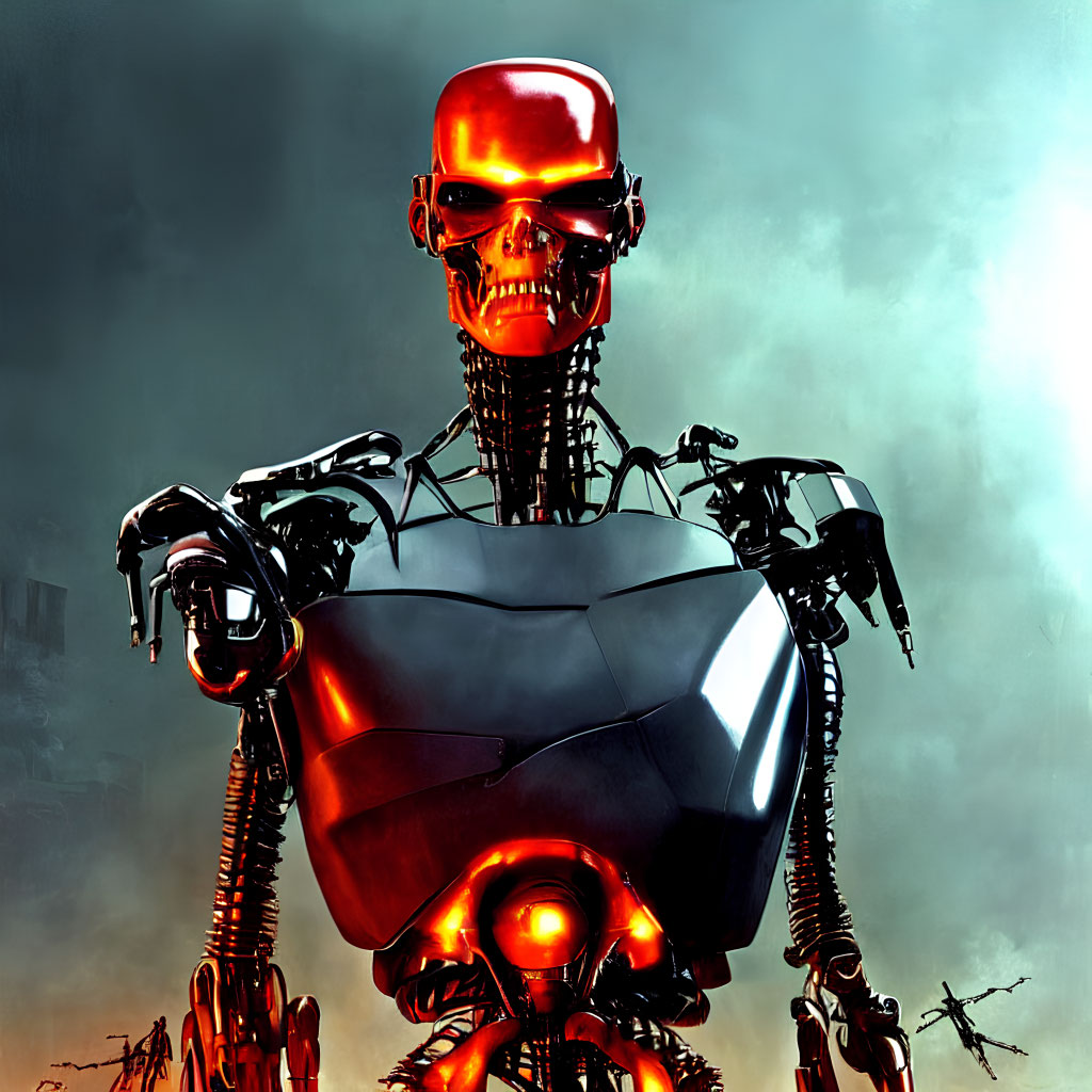 Metallic robot with glowing red eye against cloudy sky.