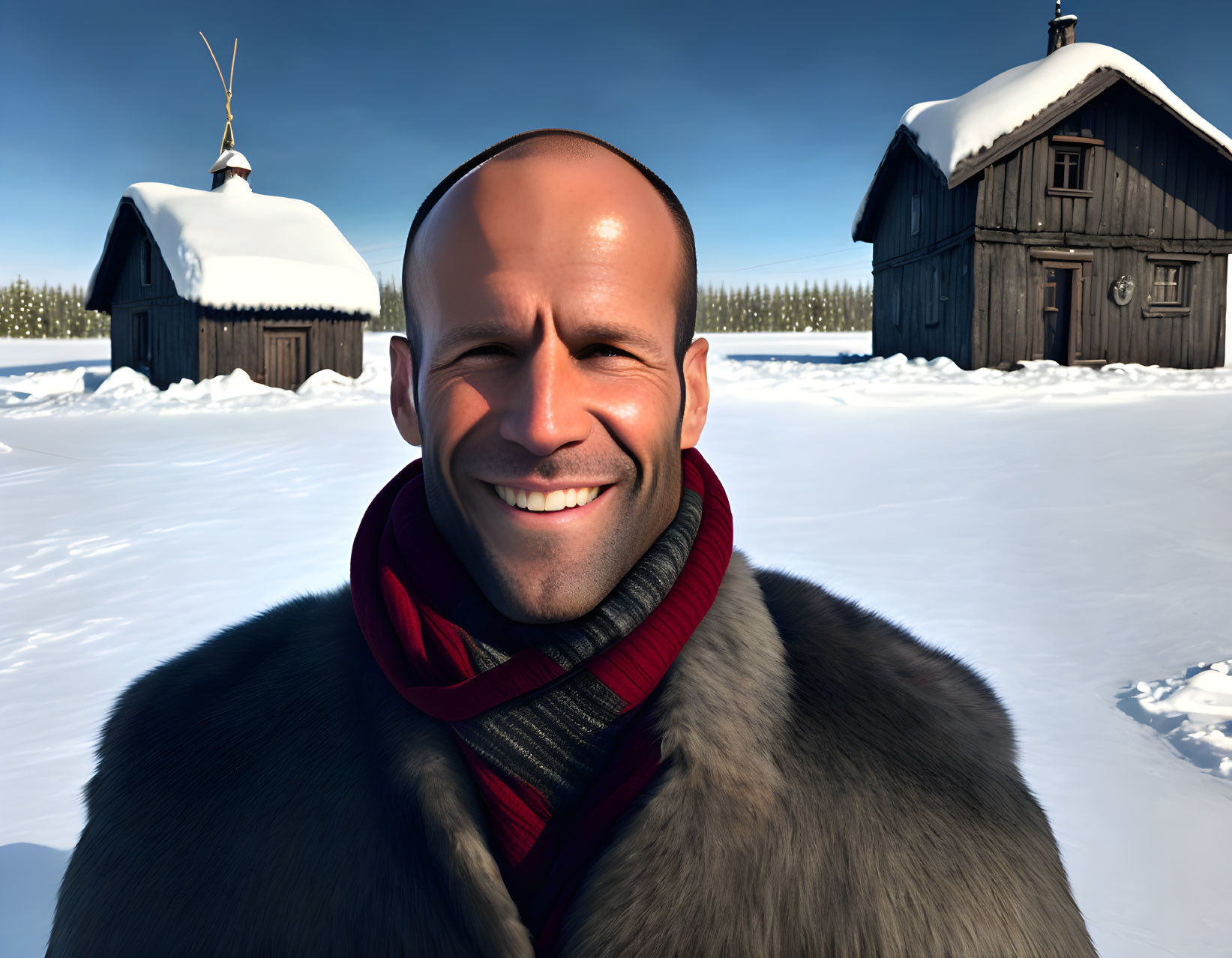 Bald Animated Character in Winter Coat and Red Scarf with Snowy Background