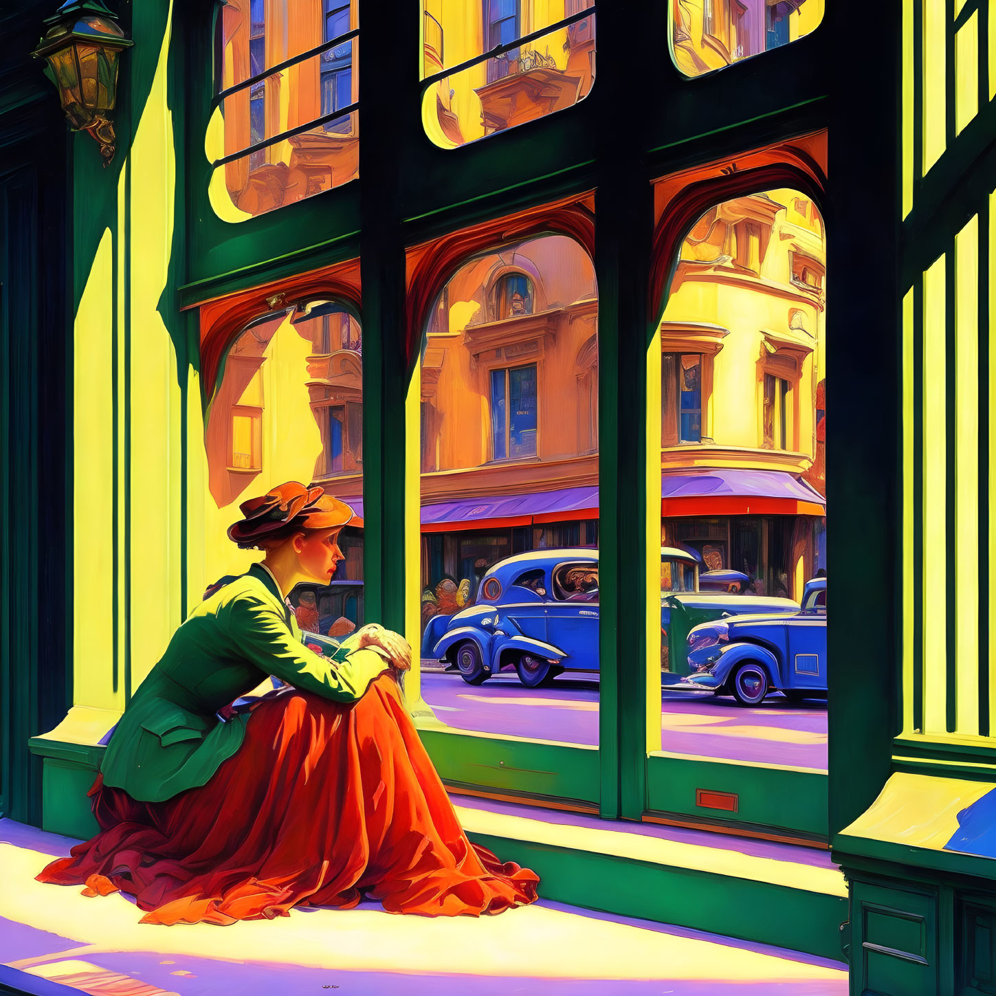 Colorful illustration of woman in green blouse and orange skirt by vintage cars and large windows