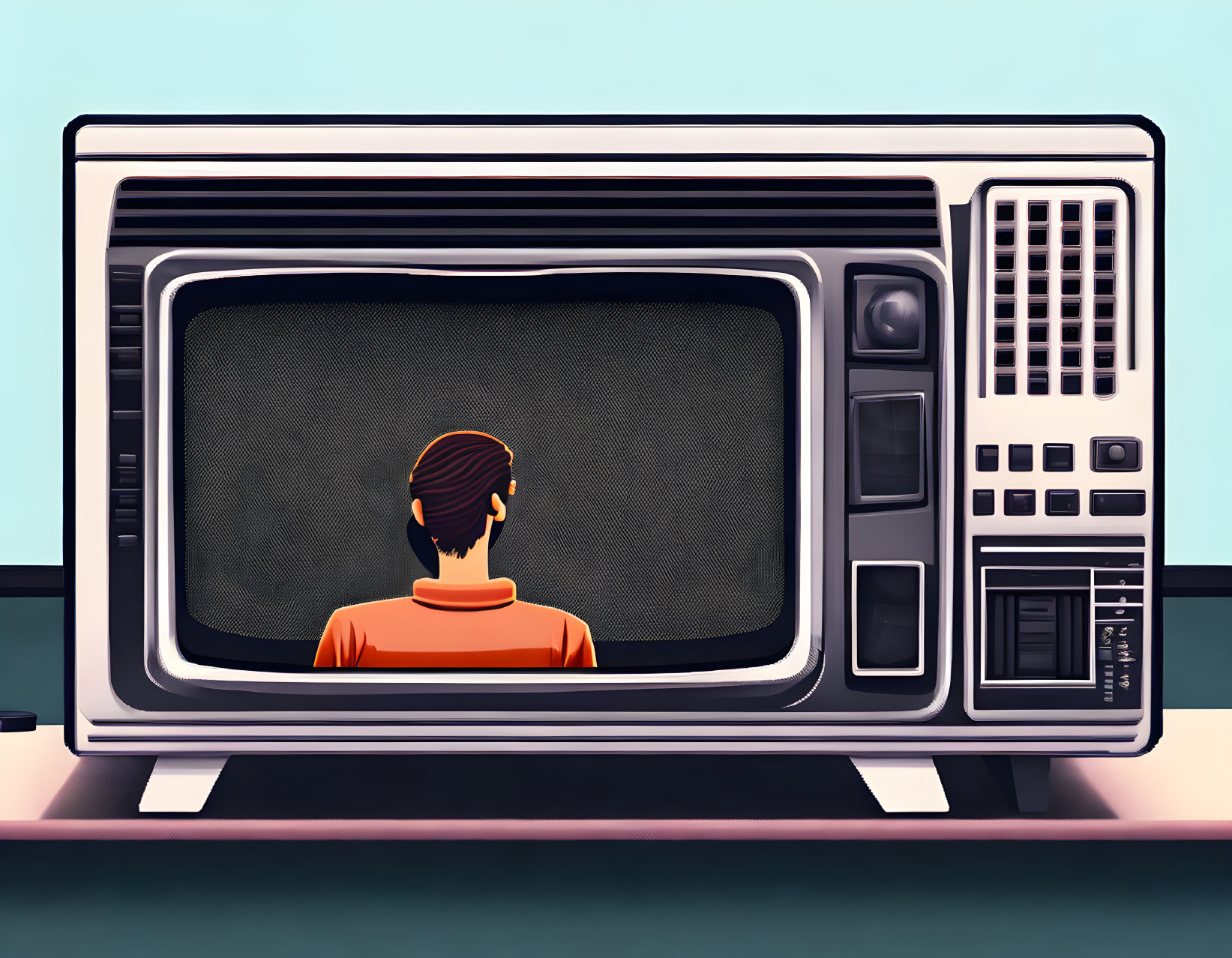 Person in orange shirt sitting in front of retro television with dials and buttons.