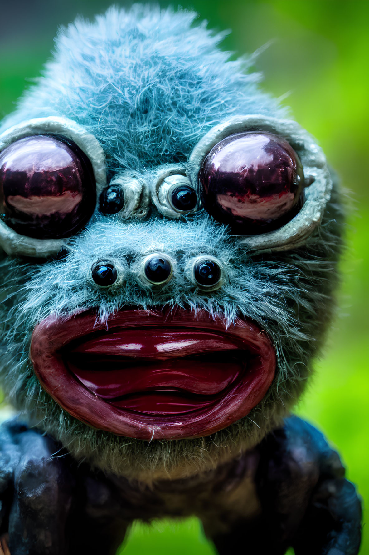 Colorful fuzzy toy with large glossy eyes and open mouth on green background