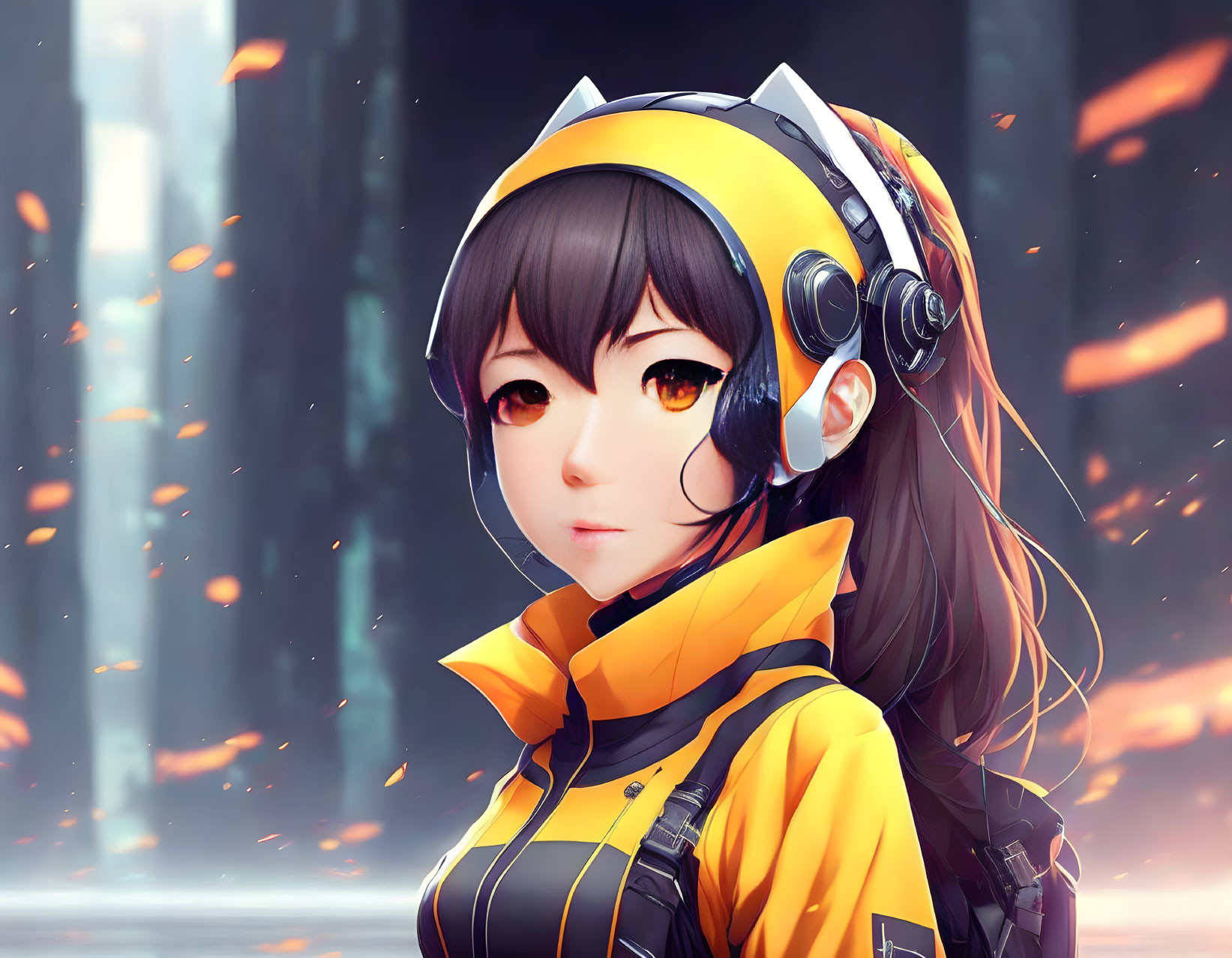 Digital artwork featuring girl with black hair, amber eyes, yellow headphones, jacket, against glowing ember background