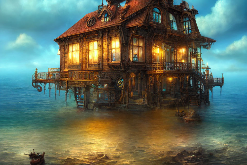 Illuminated wooden house above sea with boat in mysterious dusk scene