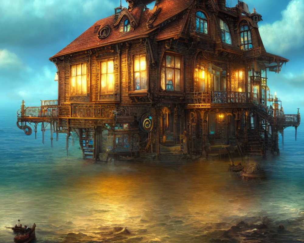 Illuminated wooden house above sea with boat in mysterious dusk scene