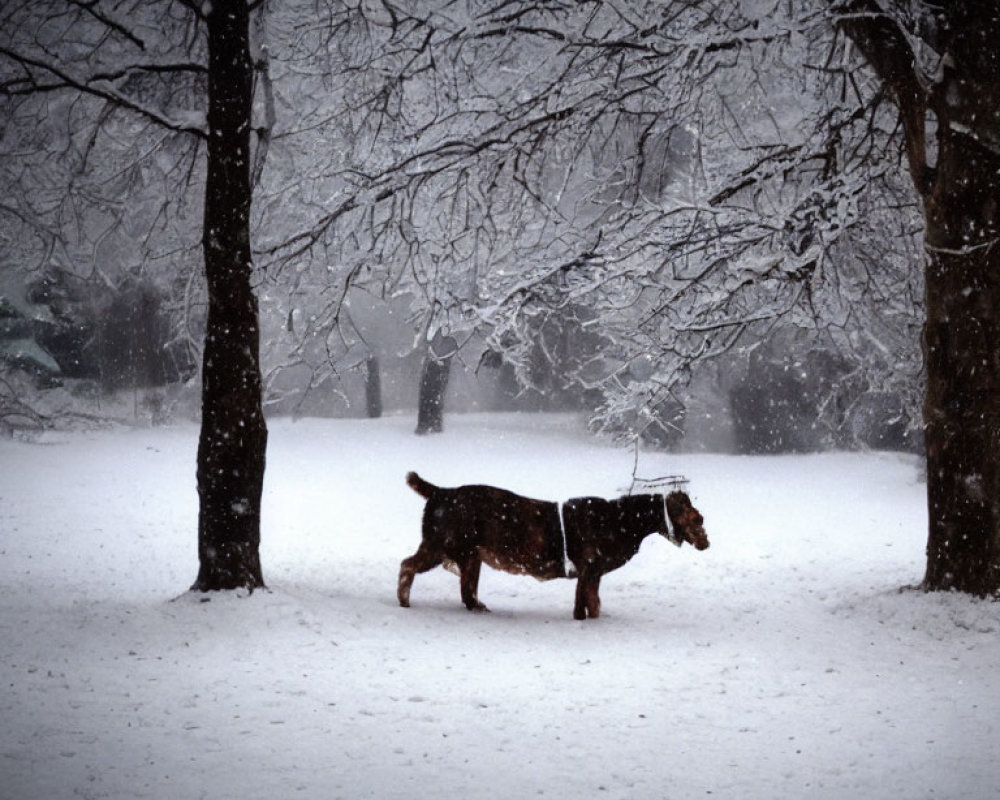 Snowy park scene: Solitary dog walking in serene snowfall