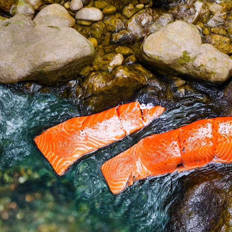 Vibrant salmon fish swimming in rocky stream