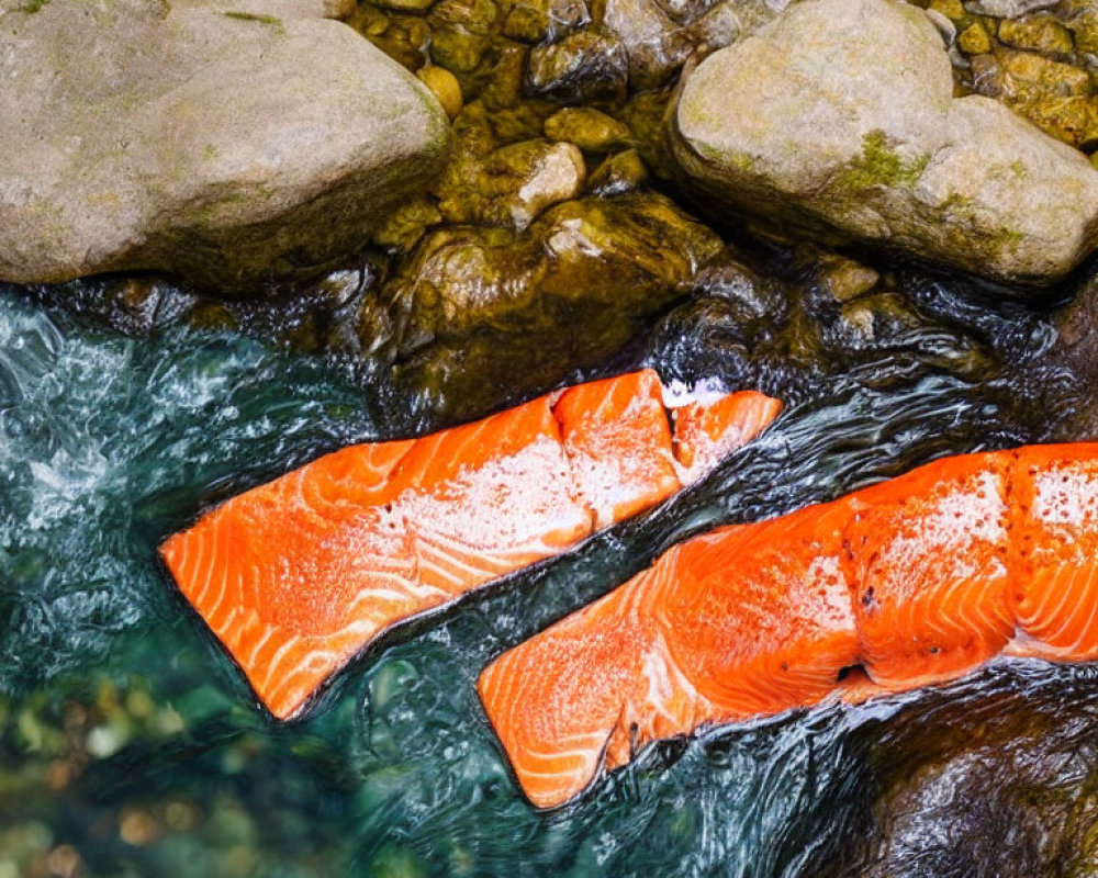 Vibrant salmon fish swimming in rocky stream