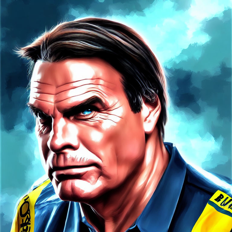 Digital portrait of a male character with dark hair and blue shirt.