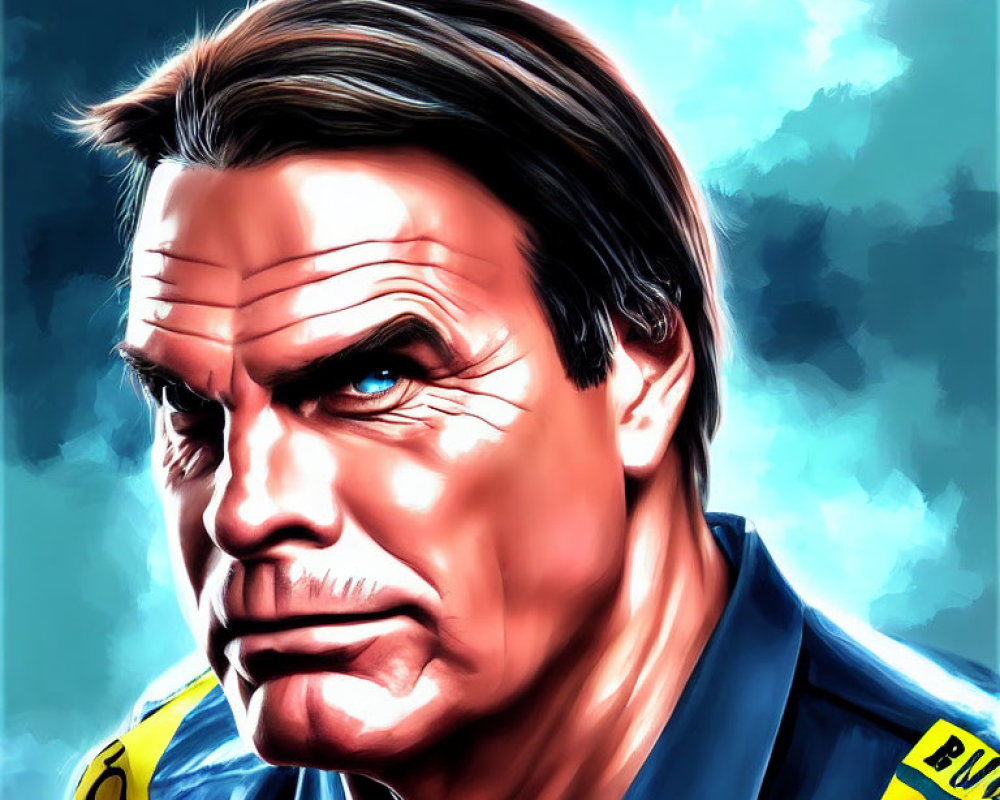 Digital portrait of a male character with dark hair and blue shirt.