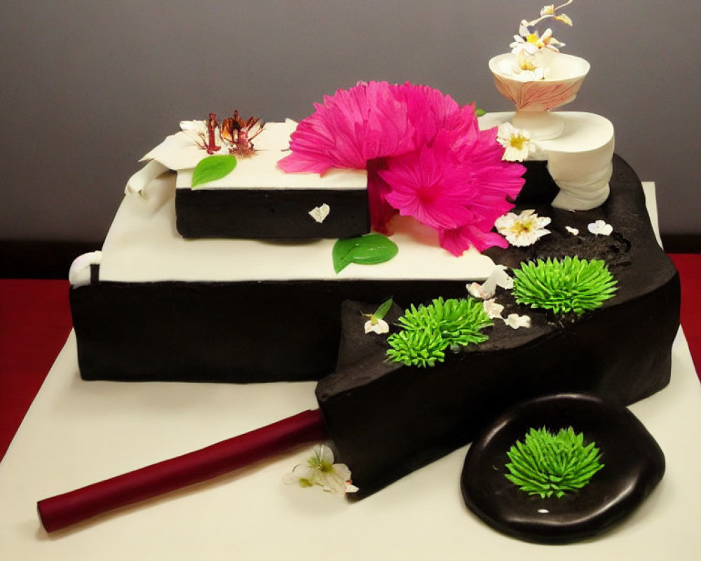 Square Japanese Zen Garden Cake with Rake, Rocks, Sand Patterns, Pink & White Flowers