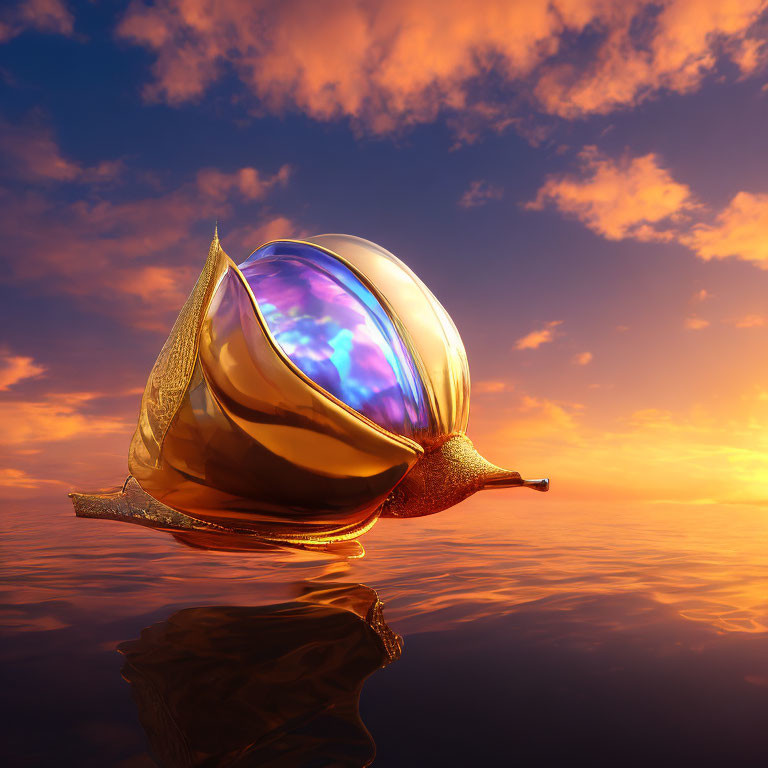 Golden snail with glossy iridescent shell on calm waters at sunset
