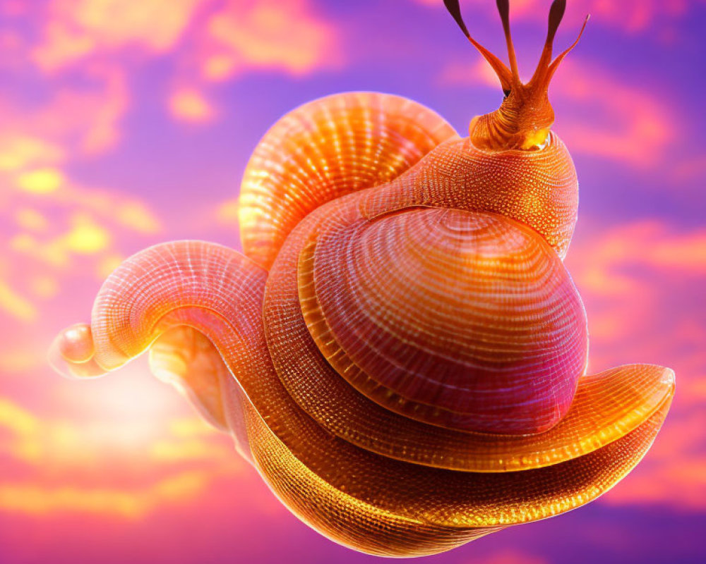 Colorful Digital Art: Snail with Glowing Orange Shell in Sunset Sky