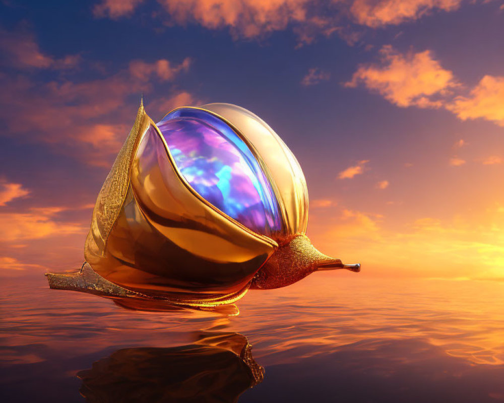 Golden snail with glossy iridescent shell on calm waters at sunset