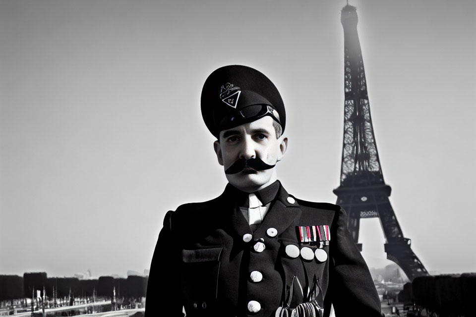 Military person with mustache and medals at Eiffel Tower