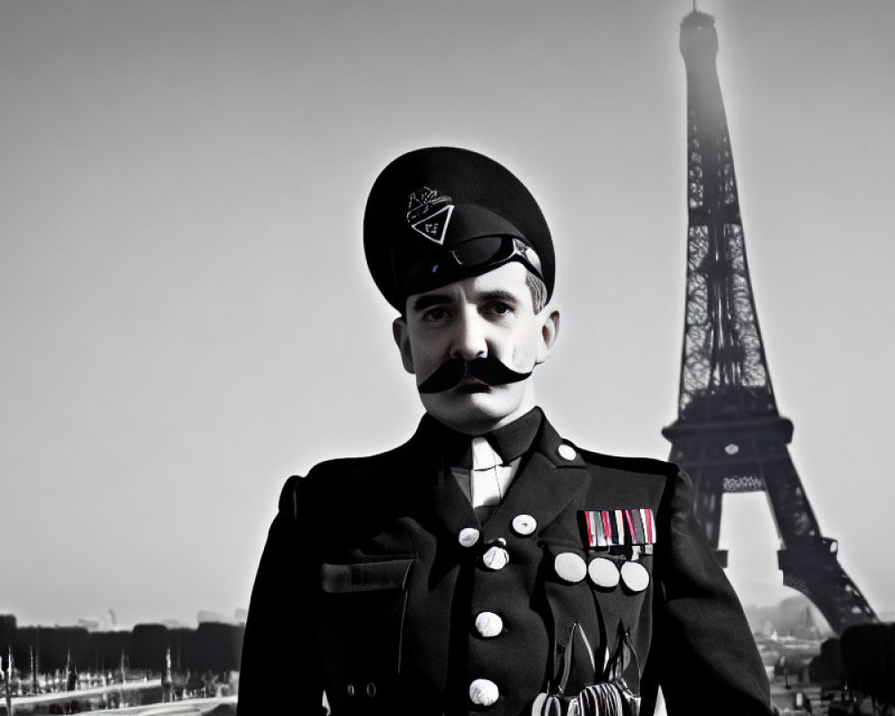 Military person with mustache and medals at Eiffel Tower