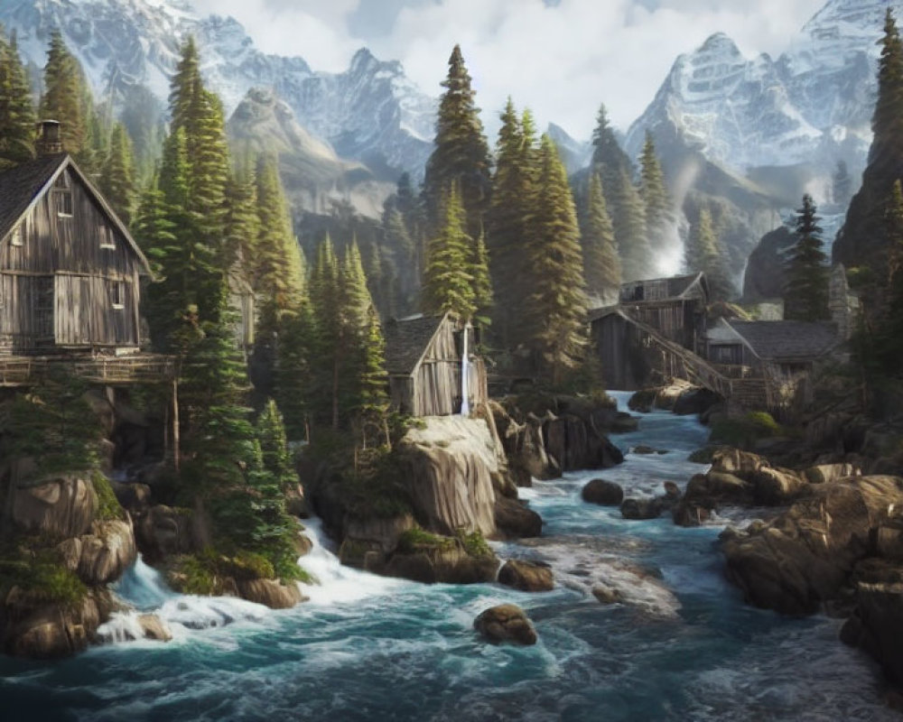 Tranquil Mountain Landscape with River, Cabins, and Forests