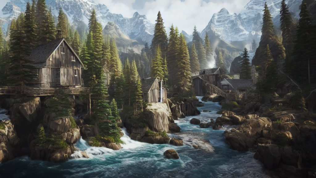 Tranquil Mountain Landscape with River, Cabins, and Forests