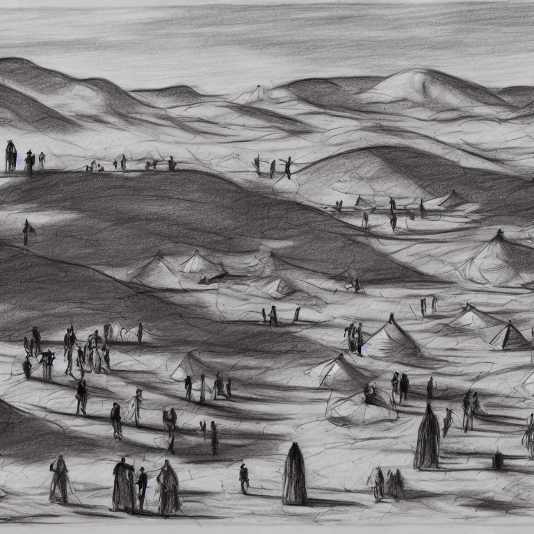 Monochrome pencil sketch of bustling landscape with rolling hills and scattered people