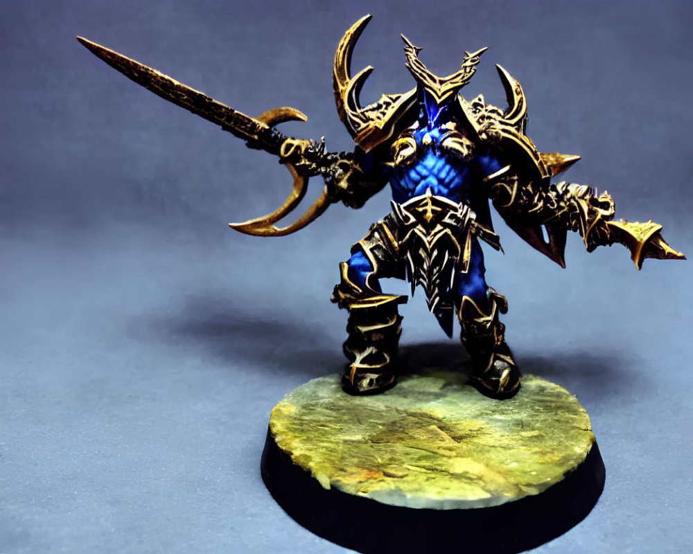 Fantasy warrior miniature figure with elaborate armor and large sword on round base.