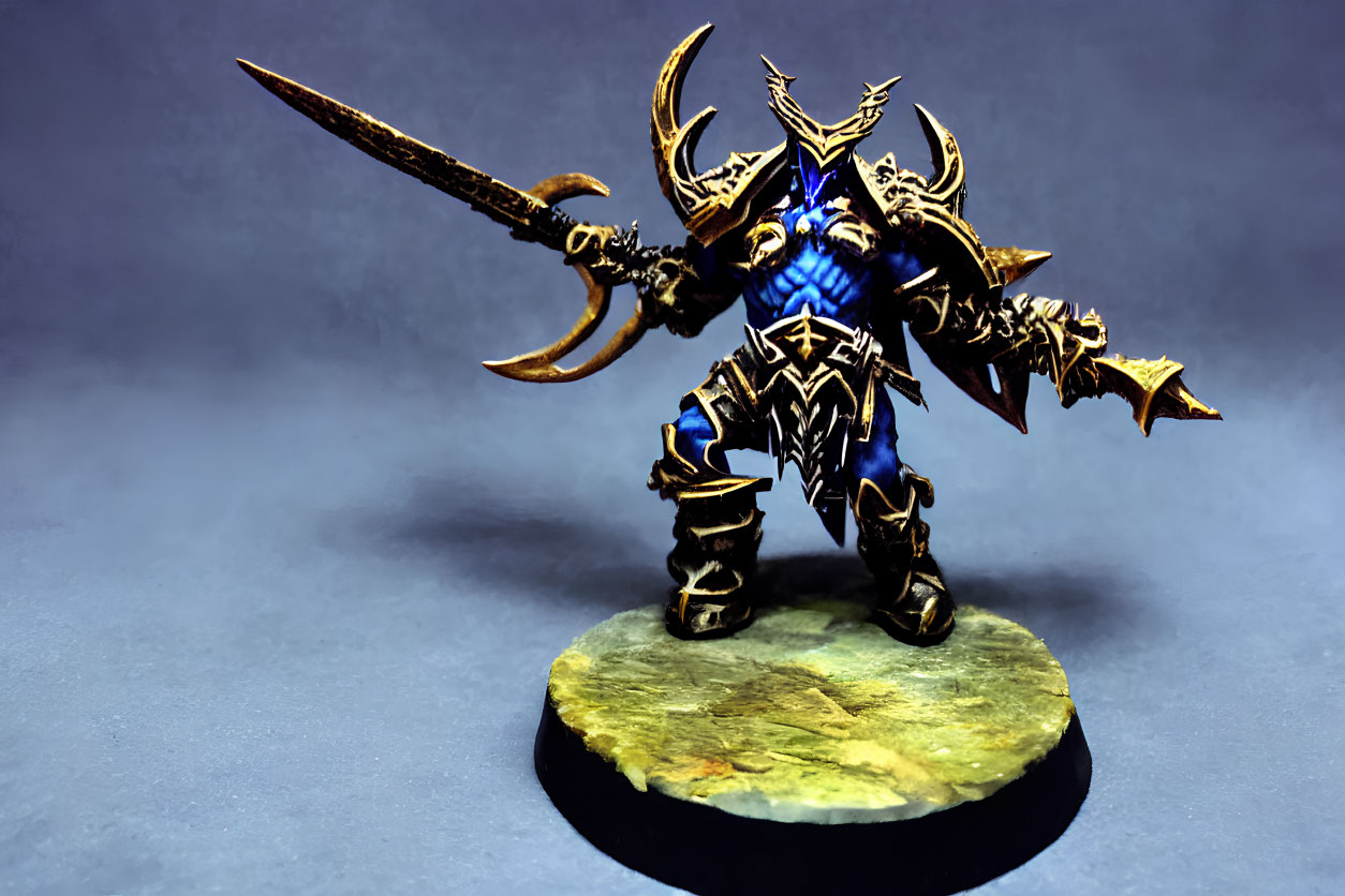 Fantasy warrior miniature figure with elaborate armor and large sword on round base.