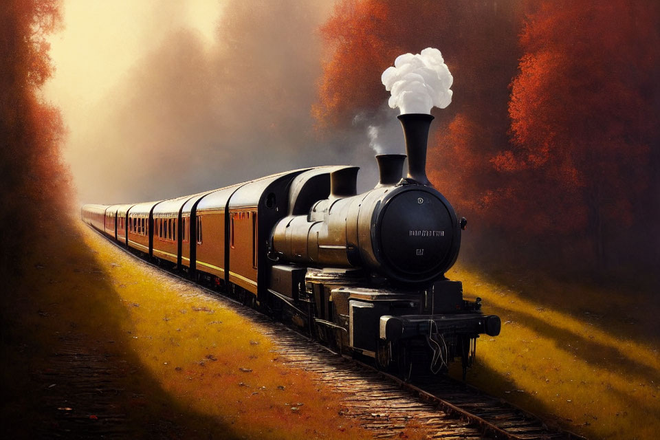 Vintage steam train in autumn landscape with golden leaves