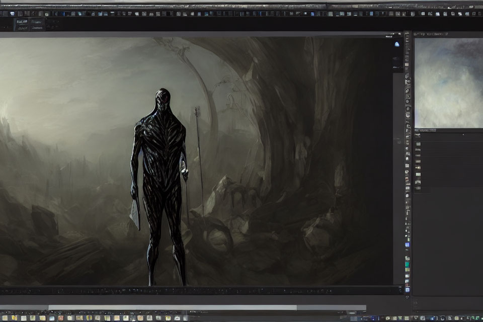 Dark humanoid figure in gloomy forest with digital painting interface.