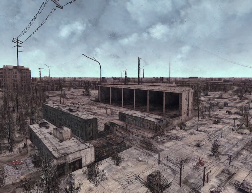 Desolate urban landscape with dilapidated buildings and bare trees