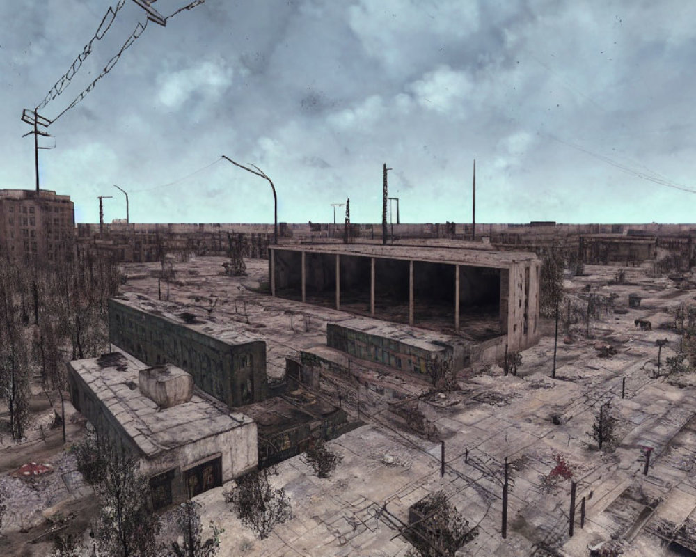 Desolate urban landscape with dilapidated buildings and bare trees