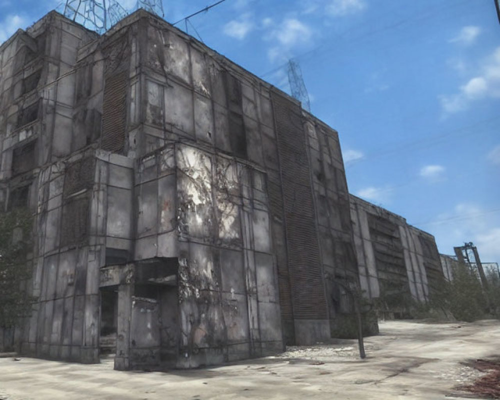 Weathered industrial building under blue sky with electricity pylons and vegetation remnants